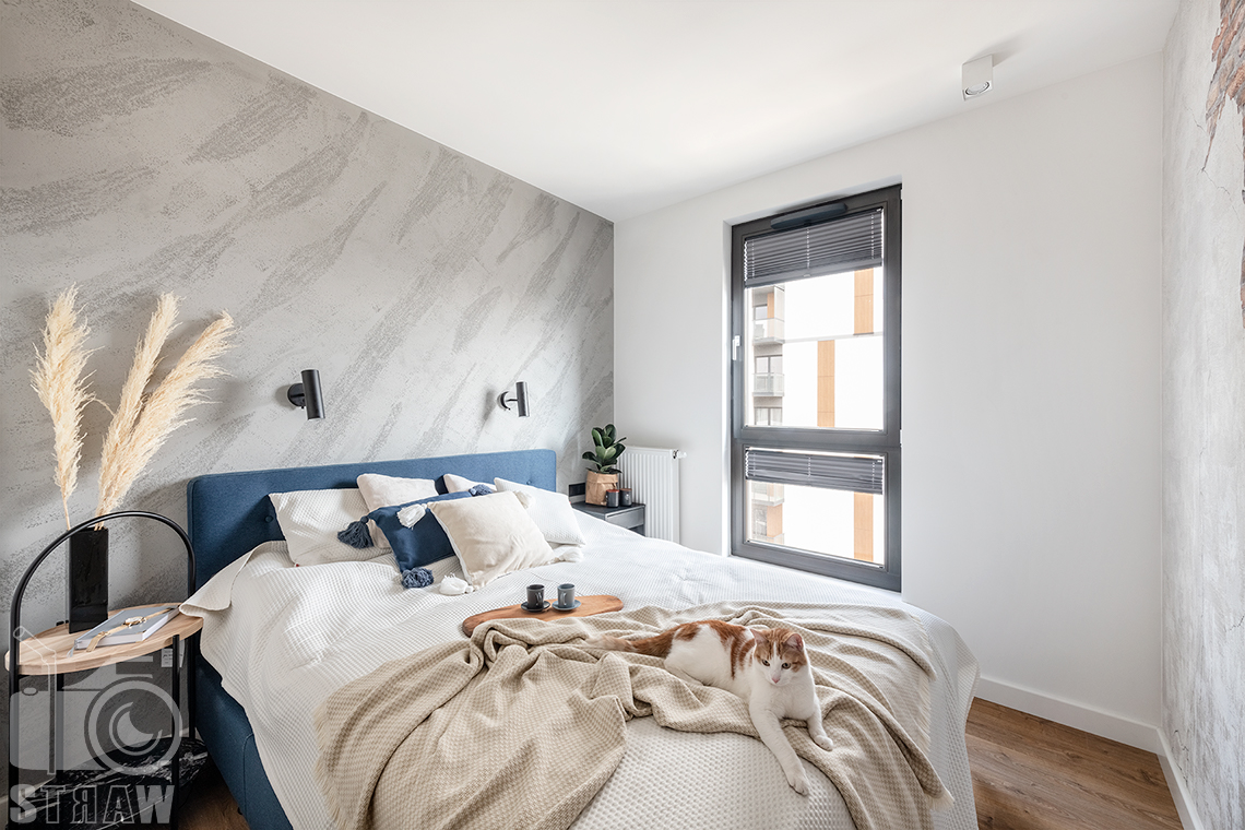Fotografia wnętrz dla projektantów i architektów, sypialnia i kot na łóżku.