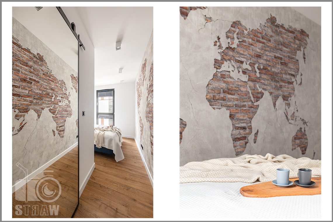 Fotografia wnętrz dla projektantów i architektów, sypialnia i ceglana mapa na ścianie.