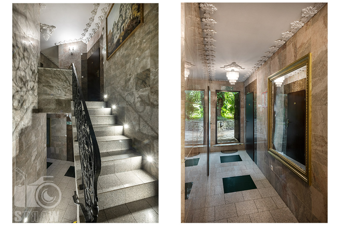Zdjęcia wnętrz dla hoteli, tu fotografie klatki schodowej i korytarza wejściowego w dworku Pałacu Tarnowskich w Ostrowcu Świętokrzyskim.