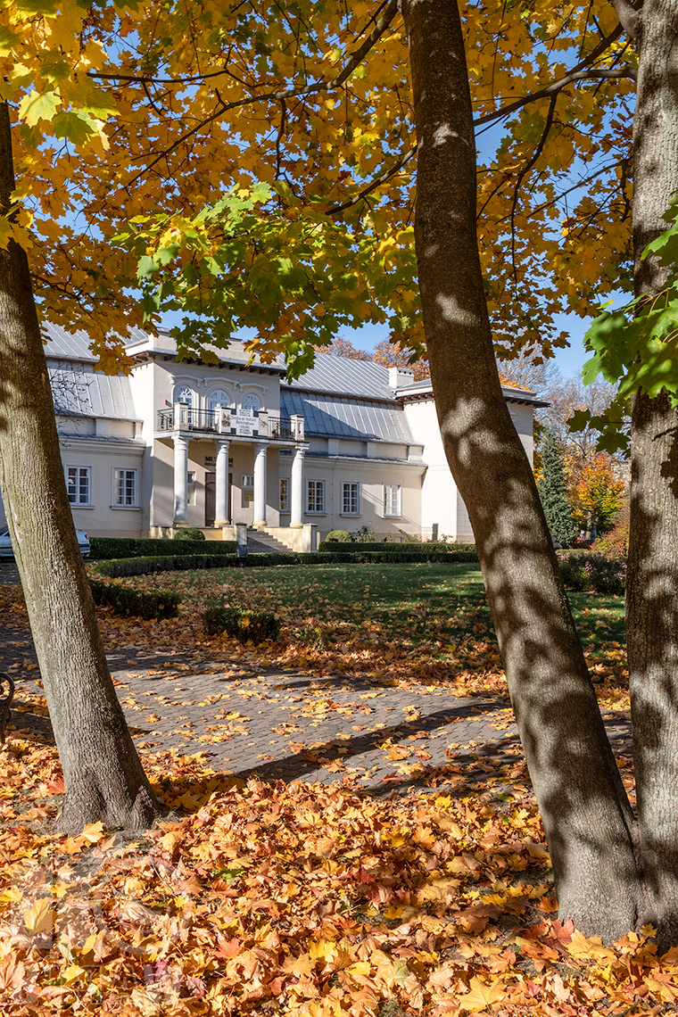 Fotografia architektury miejskiej w Bełchatowie, zdjęcie muzeum regionalnego w jesiennych kolorach.