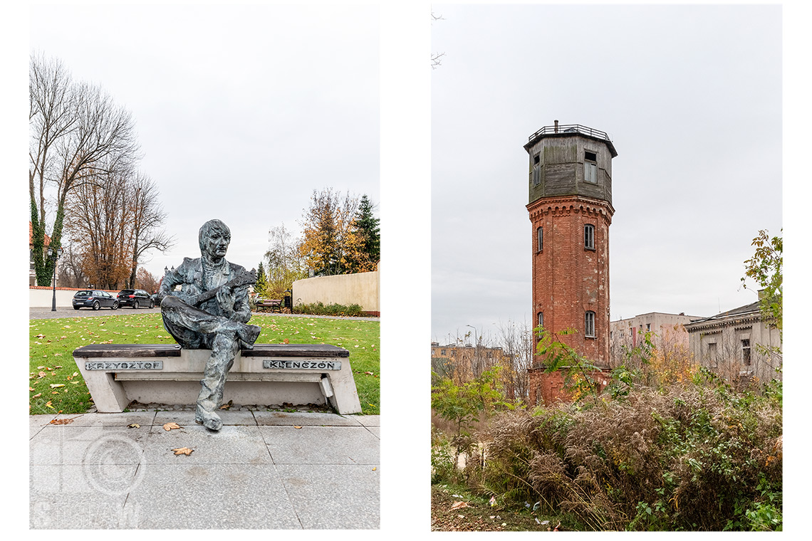 Zdjęcia miejskie w Pułtusku, tutaj wieża ciśnień oraz ławeczka Krzysztofa Klenczona przy rynku.