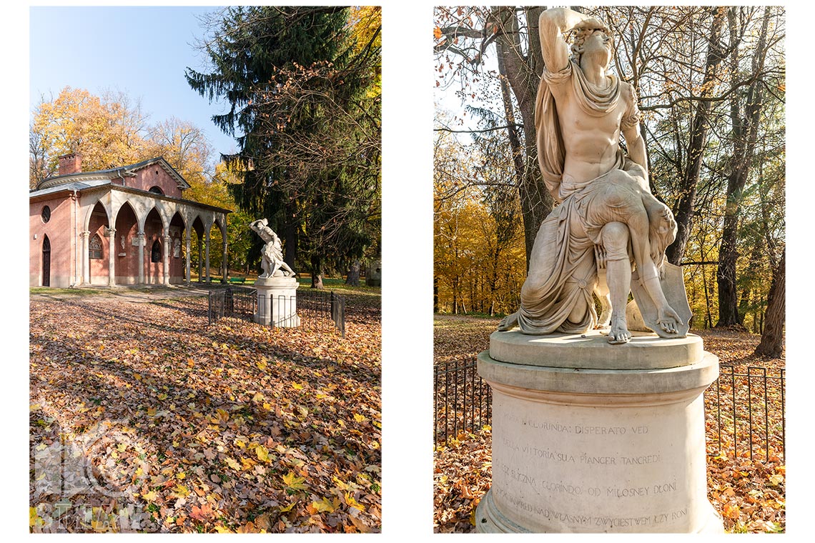 Fotografia miejska, tu rzeźba Tankred i Klorynda znajdująca się przed Domkiem Gotyckim w Puławskim Parku Czartoryskich.