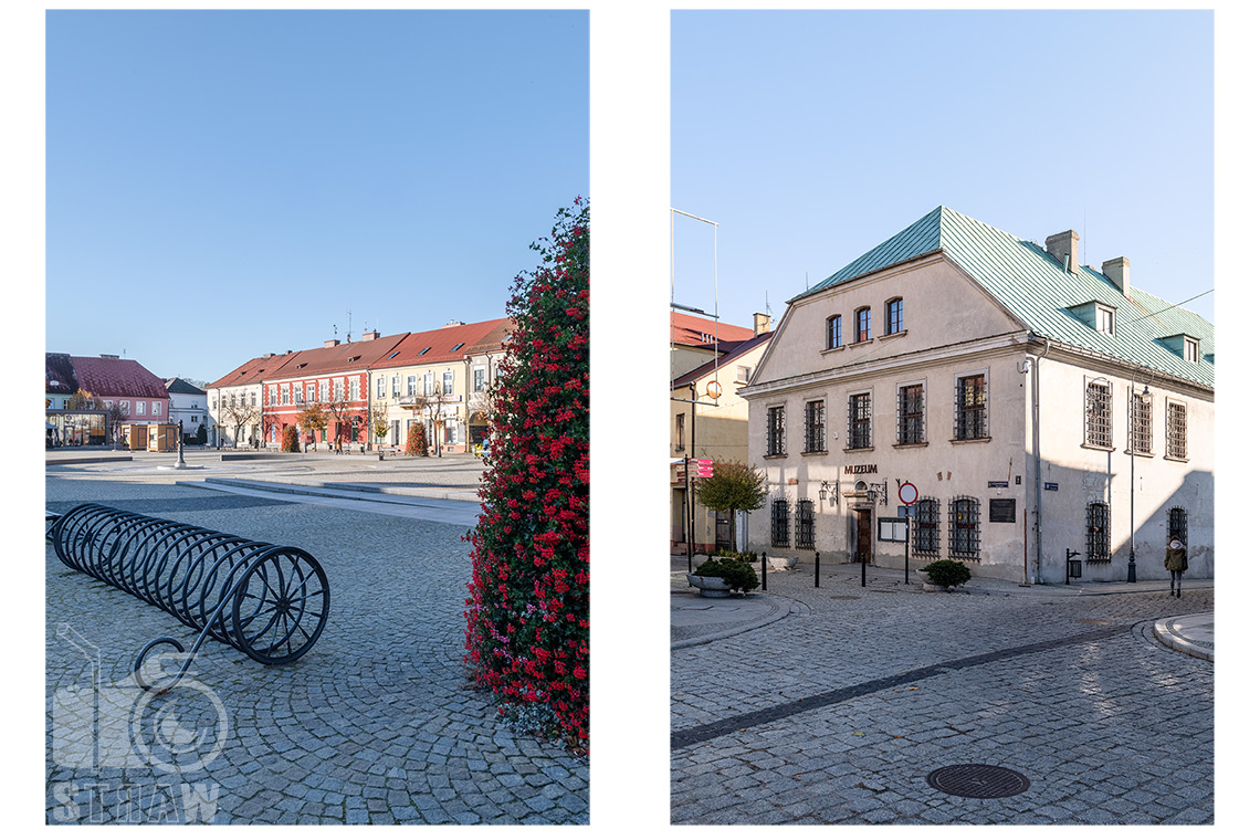 Fotografia architektury i zdjęcia miejskie w mieście Sieradz, na ujęciach sieradzki rynek oraz budynek muzeum.