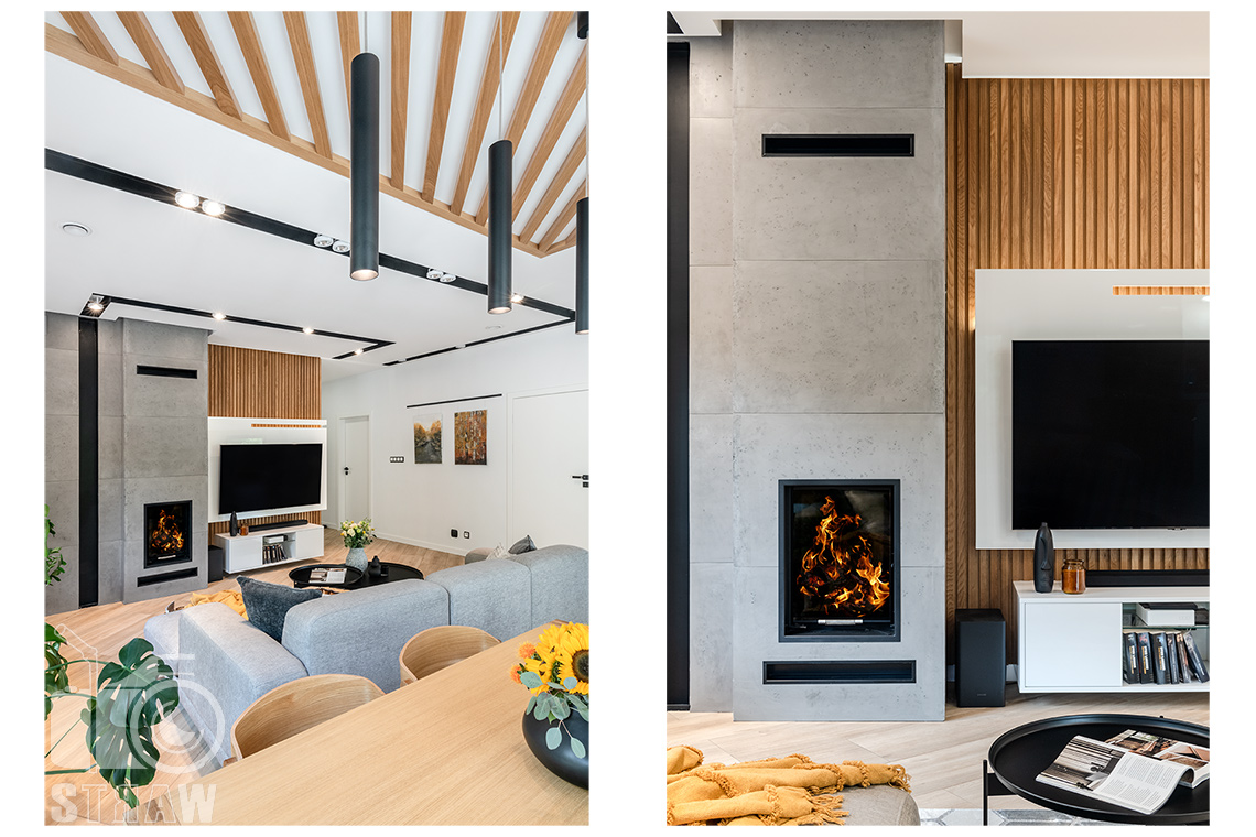 Fotografia wnętrz dla architektów i projektantów, ujęcia salonu w domu jednorodzinnym z akcentami drewnianymi na ścianie i suficie.