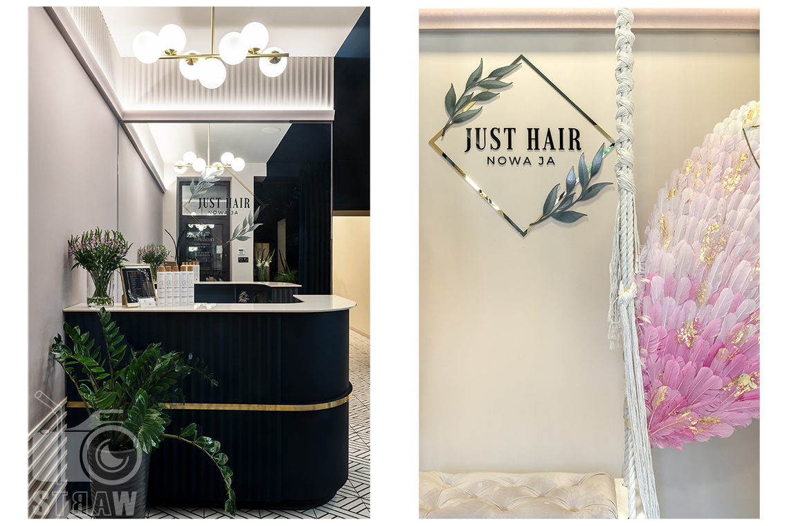 Zdjęcia wnętrz komercyjnych dla projektantów, tutaj na fotografiach recepcja i logo w salonie fryzjerskim.